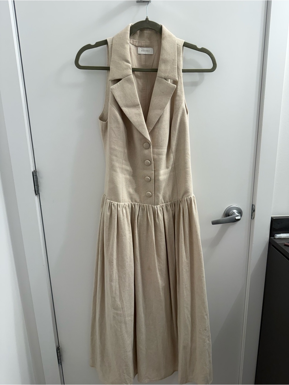 Meshki Valery Linen Midi Sleeveless Beige Button-Front Dress